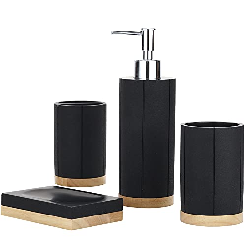 MyGift 4 Piece Modern Black & Natural Acacia Wood Bathroom Accessories Set Includes Soap Dish, Tumbler, Toothbrush Holder & Pump Dispenser