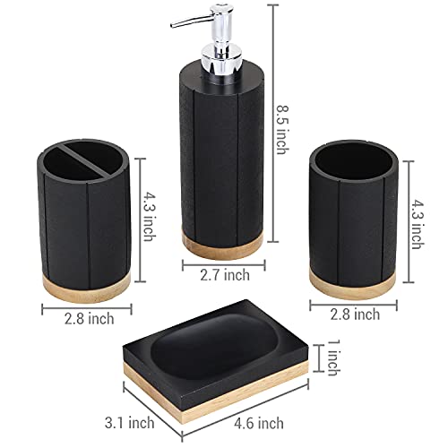 MyGift 4 Piece Modern Black & Natural Acacia Wood Bathroom Accessories Set Includes Soap Dish, Tumbler, Toothbrush Holder & Pump Dispenser