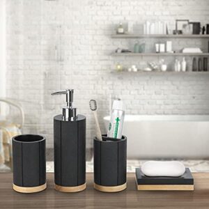 MyGift 4 Piece Modern Black & Natural Acacia Wood Bathroom Accessories Set Includes Soap Dish, Tumbler, Toothbrush Holder & Pump Dispenser