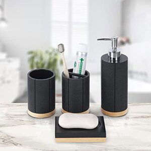 MyGift 4 Piece Modern Black & Natural Acacia Wood Bathroom Accessories Set Includes Soap Dish, Tumbler, Toothbrush Holder & Pump Dispenser