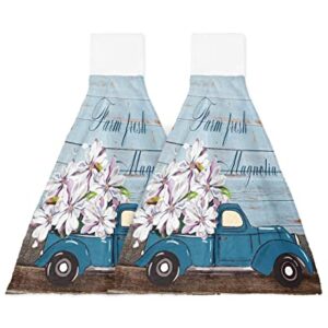 Chucoco Garden Magnolia Flower Blue Truck Kitchen Hanging Towel, Set of 2 Absorbent Soft Hand Tie Towel Watercolor Retro Wood Grain Durable Tea Bar Dish Towels for Bathroom Laundry Room Decor