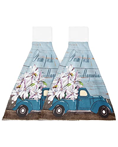 Chucoco Garden Magnolia Flower Blue Truck Kitchen Hanging Towel, Set of 2 Absorbent Soft Hand Tie Towel Watercolor Retro Wood Grain Durable Tea Bar Dish Towels for Bathroom Laundry Room Decor