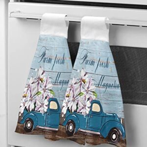 Chucoco Garden Magnolia Flower Blue Truck Kitchen Hanging Towel, Set of 2 Absorbent Soft Hand Tie Towel Watercolor Retro Wood Grain Durable Tea Bar Dish Towels for Bathroom Laundry Room Decor