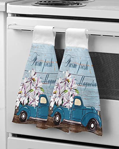 Chucoco Garden Magnolia Flower Blue Truck Kitchen Hanging Towel, Set of 2 Absorbent Soft Hand Tie Towel Watercolor Retro Wood Grain Durable Tea Bar Dish Towels for Bathroom Laundry Room Decor