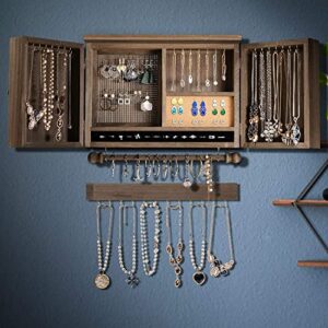 FANTASK Rustic Wall Mounted Jewelry Organizer Cabinet, Wooden Hanging Jewelry Holder Box w/Barndoor, Removable Bracelets Rod, Hooks Shelf, Removable Bracelet Rod & Hook Organizer for Hanging Jewelry