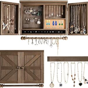 FANTASK Rustic Wall Mounted Jewelry Organizer Cabinet, Wooden Hanging Jewelry Holder Box w/Barndoor, Removable Bracelets Rod, Hooks Shelf, Removable Bracelet Rod & Hook Organizer for Hanging Jewelry