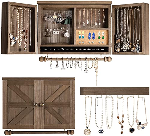 FANTASK Rustic Wall Mounted Jewelry Organizer Cabinet, Wooden Hanging Jewelry Holder Box w/Barndoor, Removable Bracelets Rod, Hooks Shelf, Removable Bracelet Rod & Hook Organizer for Hanging Jewelry