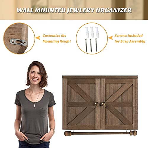 FANTASK Rustic Wall Mounted Jewelry Organizer Cabinet, Wooden Hanging Jewelry Holder Box w/Barndoor, Removable Bracelets Rod, Hooks Shelf, Removable Bracelet Rod & Hook Organizer for Hanging Jewelry