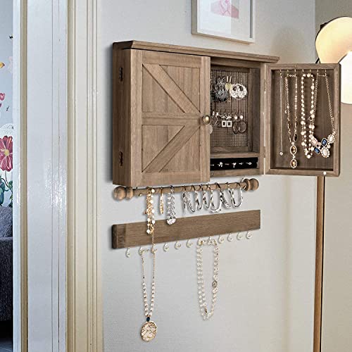 FANTASK Rustic Wall Mounted Jewelry Organizer Cabinet, Wooden Hanging Jewelry Holder Box w/Barndoor, Removable Bracelets Rod, Hooks Shelf, Removable Bracelet Rod & Hook Organizer for Hanging Jewelry