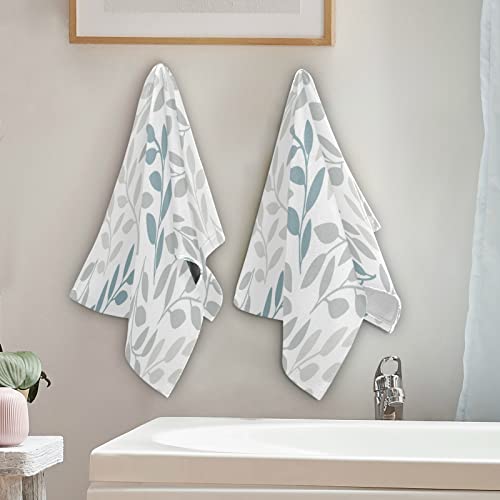 Gray and Blue Leaves Branches Hand Towels Bathroom Bath Towel Set of 2 Soft Absorbent Washcloths Thin Guest Face Towels Decorative for Beach Gym Hotel Yoga Home Decor Kitchen Dish Towel 15x30 Inch