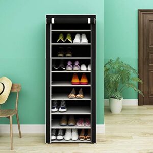 soso-bantian1989 black 10 tiers metal tube frame shoe rack with dustproof cover, 27 pairs shoes cabinet closet storage organizer tower shelf