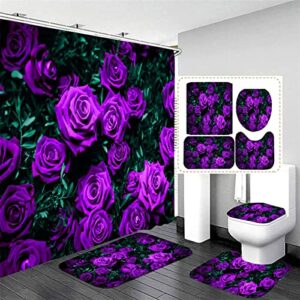 mrlyouth many purple rose shower curtain sets with rugs 4pcs waterproof polyester durable bathroom non-slip bath mat and toilet lid cover botanical floral 12 hooks 71x71inch