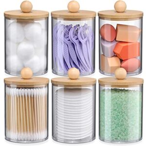 6 pack qtip holder dispenser set with bamboo lids, bathroom canister accessories, storage organizer, clear plastic apothecary jar for cotton ball, swab, pads, floss, vanity makeup organiztion - 10oz