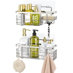 parake shower caddy organizer with soap holder, 2-pack sus304 stainless steel shower shelves, self adhesive rustproof shower caddy with hooks, for bathroom shampoo soap storage kitchen rack, silver