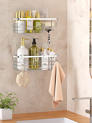 PARAKE Shower Caddy Organizer with Soap Holder, 2-Pack SUS304 Stainless Steel Shower Shelves, Self Adhesive Rustproof Shower Caddy with Hooks, for Bathroom Shampoo Soap Storage Kitchen Rack, Silver