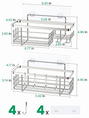 PARAKE Shower Caddy Organizer with Soap Holder, 2-Pack SUS304 Stainless Steel Shower Shelves, Self Adhesive Rustproof Shower Caddy with Hooks, for Bathroom Shampoo Soap Storage Kitchen Rack, Silver