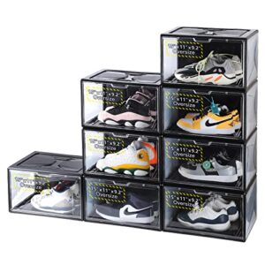 aikang 8 pack shoe storage boxes, oversize 14.9" x11" x 9.25" hard plastic shoe box, shoe boxes with magnetic clear door for sneaker display. (8 pack, black)