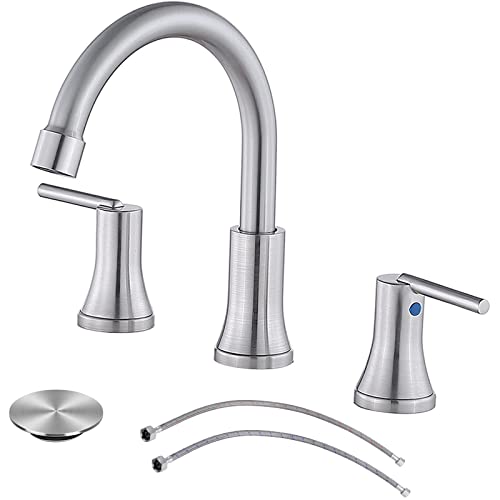 VESLA HOME Modern 8 inch Widespread Brushed Nickel Bathroom Faucet,2 Handle 3 Hole Vanity Faucet for Bathroom Sink with Water Lines and Pop-up Drain