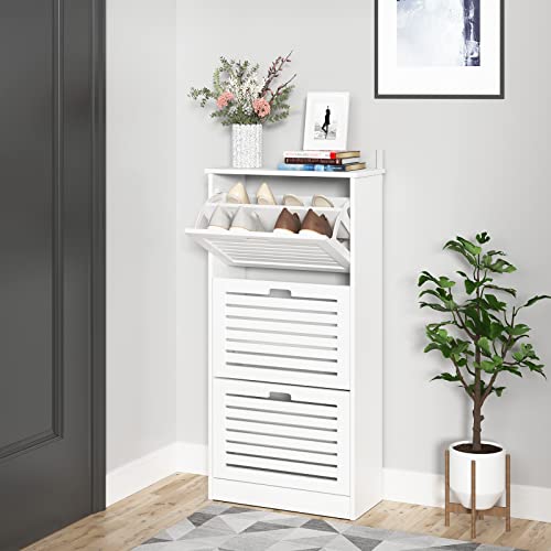 Noskatu Shoe Cabinet with Louvered Door Entryway Storage Cabinet with 3 Flip Doors and Adjustable Shelf Modern White Shoe Storage Rack for Entryway Hallway