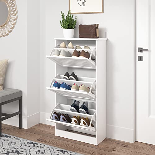 Noskatu Shoe Cabinet with Louvered Door Entryway Storage Cabinet with 3 Flip Doors and Adjustable Shelf Modern White Shoe Storage Rack for Entryway Hallway