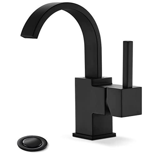 Matte Black Single Hole Bathroom Faucet, Waterfall Single Handle RV Bathroom Faucet for 1 or 3 Hole, Swivel 360 Degree with Pop Up Drain, Deck Plate and Water Supply Line by Phiestina, SGF05-MB-2