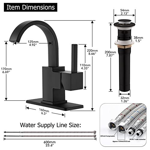 Matte Black Single Hole Bathroom Faucet, Waterfall Single Handle RV Bathroom Faucet for 1 or 3 Hole, Swivel 360 Degree with Pop Up Drain, Deck Plate and Water Supply Line by Phiestina, SGF05-MB-2