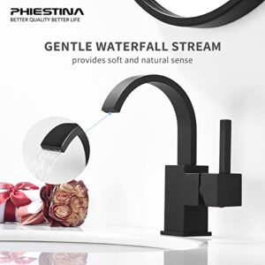 Matte Black Single Hole Bathroom Faucet, Waterfall Single Handle RV Bathroom Faucet for 1 or 3 Hole, Swivel 360 Degree with Pop Up Drain, Deck Plate and Water Supply Line by Phiestina, SGF05-MB-2