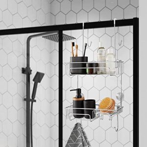 Shower Caddy over The Door, Stainless Steel Shower Caddy Organizer with Hooks for Razor, Bath Sponge & Towel, No Drilling, Heavy Duty/Rust Resistant Shower Caddy Storage Shelf for Bathroom/Toilet Room