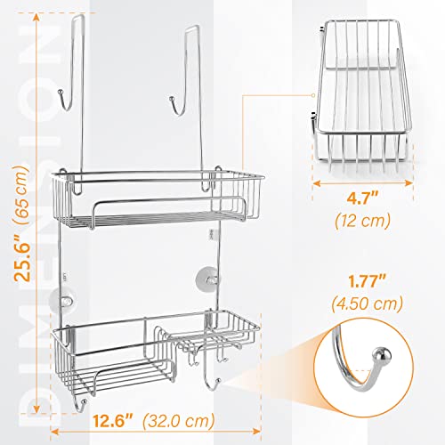 Shower Caddy over The Door, Stainless Steel Shower Caddy Organizer with Hooks for Razor, Bath Sponge & Towel, No Drilling, Heavy Duty/Rust Resistant Shower Caddy Storage Shelf for Bathroom/Toilet Room