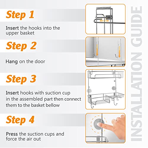 Shower Caddy over The Door, Stainless Steel Shower Caddy Organizer with Hooks for Razor, Bath Sponge & Towel, No Drilling, Heavy Duty/Rust Resistant Shower Caddy Storage Shelf for Bathroom/Toilet Room