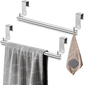 vehhe kitchen towel holder - 2pcs over cabinet door hand dish towel bar rack holders with 2 hooks- stainless steel towel rack inside cabinet drawer for bathroom and kitchen (silver)