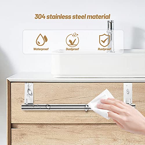 VEHHE Kitchen Towel Holder - 2pcs Over Cabinet Door Hand Dish Towel Bar Rack Holders with 2 Hooks- Stainless Steel Towel Rack Inside Cabinet Drawer for Bathroom and Kitchen (Silver)