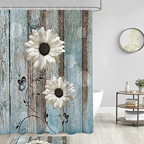 AAtter Rustic Teal Flower Shower Curtain Set Farmhouse Barn Door Flower Polyester Fabric Curtain with Non-Slip Rug, Toilet Lid Cover and Bath Mat for Bathroom Set 4 Pcs (W60''xH72'') 12 Hooks Included