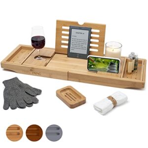 temple spring bath caddy - extendable bath tray for bathtub with candle, wine glass, book, ipad & phone holders - adjustable bath table shelf over tub with bathroom accessories - (bamboo natural wood)