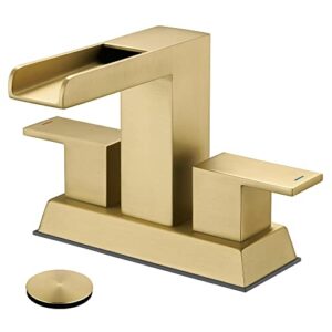 tonny gold bathroom faucet, waterfall bathroom sink faucet, 4-inch centerset bathroom faucets for sink 3 hole with pop up drain and water supply line, brushed gold
