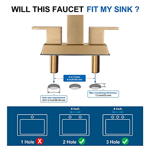 TONNY Gold Bathroom Faucet, Waterfall Bathroom Sink Faucet, 4-Inch Centerset Bathroom Faucets for Sink 3 Hole with Pop Up Drain and Water Supply Line, Brushed Gold