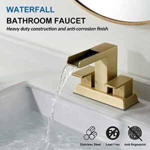 TONNY Gold Bathroom Faucet, Waterfall Bathroom Sink Faucet, 4-Inch Centerset Bathroom Faucets for Sink 3 Hole with Pop Up Drain and Water Supply Line, Brushed Gold