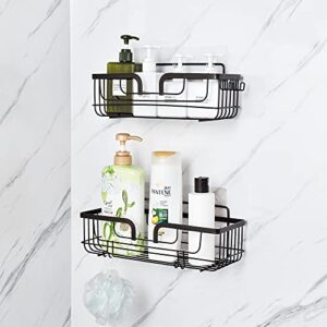 jomola shower caddy shelves adhesive bathroom organizer basket kitchen shelf wall storage rack with 4 hanging hooks no drilling, stainless steel, black 2pcs