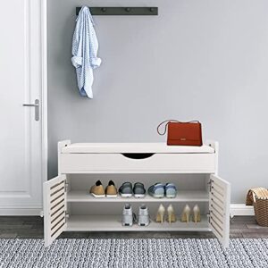 JCONMCN Wooden Shoe Cabinet 2 Doors Shelf Bench Shoes Storage Organiser 8-Pairs Rack Cupboard White 31.6'' x 13'' 18.9'' (Cabinet-2022420)