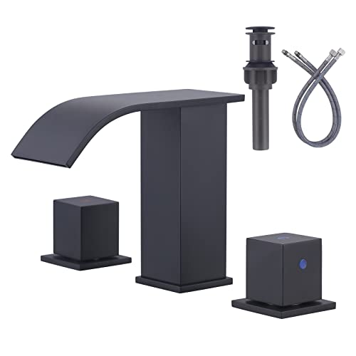 Matte Black Waterfall Bathroom Faucet - 8 Inch Widespread Bathroom Faucets for Sinks 3 Hole, Modern 2 Handles Bathroom Sink Faucet with Pon Up Drain and cUPC Supply Lines