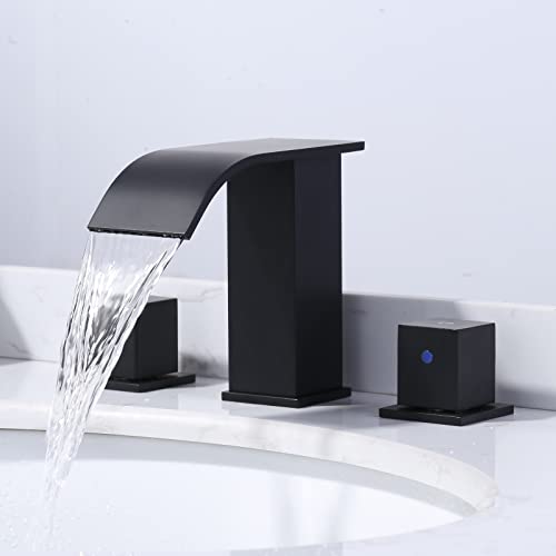 Matte Black Waterfall Bathroom Faucet - 8 Inch Widespread Bathroom Faucets for Sinks 3 Hole, Modern 2 Handles Bathroom Sink Faucet with Pon Up Drain and cUPC Supply Lines