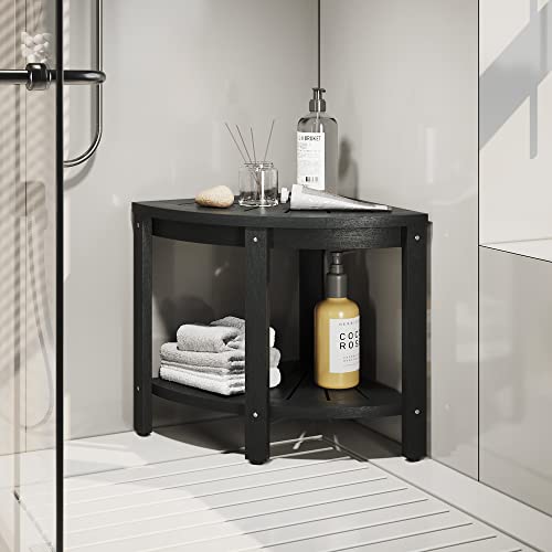 DWVO Poly Lumber Shower Bench 18" Shower Stool Corner Bench with Storage Shelf, Wood Texture Corner Seat for Bathroom, Spa, Corner Shower Stool for Bathroom Living Room (Black)