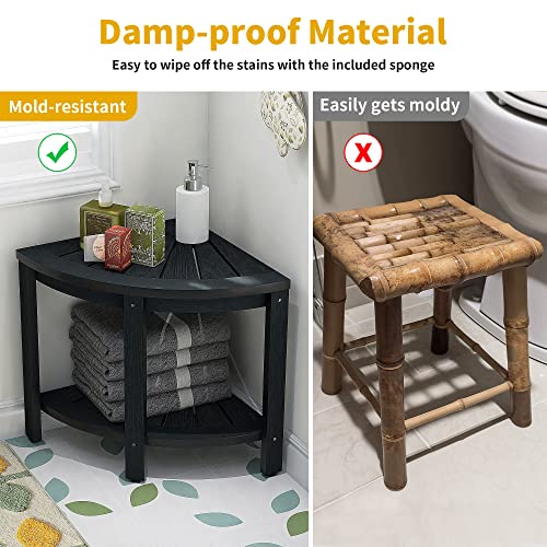 DWVO Poly Lumber Shower Bench 18" Shower Stool Corner Bench with Storage Shelf, Wood Texture Corner Seat for Bathroom, Spa, Corner Shower Stool for Bathroom Living Room (Black)