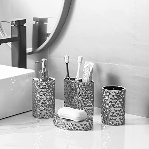 Silver Bathroom Accessory Sets 4 Piece Ceramic Gift Set Apartment Necessities,Includes Soap Dispenser, Toothbrush Holder, Toothbrush Cup, Soap Dish for Decorative Countertop and Housewarming Gift.