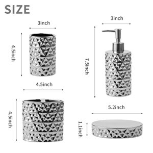 Silver Bathroom Accessory Sets 4 Piece Ceramic Gift Set Apartment Necessities,Includes Soap Dispenser, Toothbrush Holder, Toothbrush Cup, Soap Dish for Decorative Countertop and Housewarming Gift.