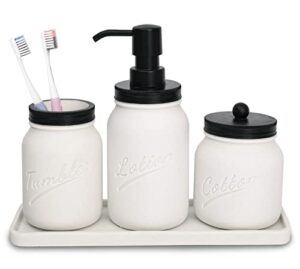 bathroom accessory set,mason jar bathroom accessory set, 4 pcs bathroom accessory set, white quartz sand, include lotion dispenser &tumbler& cotton jar&tray