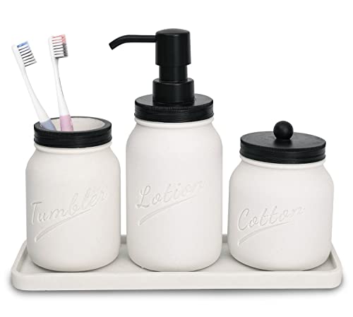 Bathroom Accessory Set,Mason Jar Bathroom Accessory Set, 4 Pcs Bathroom Accessory Set, White Quartz Sand, Include Lotion Dispenser &Tumbler& Cotton Jar&Tray