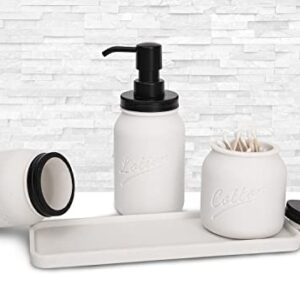 Bathroom Accessory Set,Mason Jar Bathroom Accessory Set, 4 Pcs Bathroom Accessory Set, White Quartz Sand, Include Lotion Dispenser &Tumbler& Cotton Jar&Tray