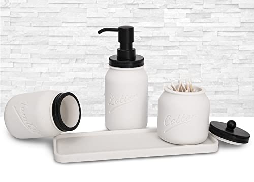 Bathroom Accessory Set,Mason Jar Bathroom Accessory Set, 4 Pcs Bathroom Accessory Set, White Quartz Sand, Include Lotion Dispenser &Tumbler& Cotton Jar&Tray