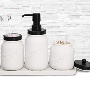 Bathroom Accessory Set,Mason Jar Bathroom Accessory Set, 4 Pcs Bathroom Accessory Set, White Quartz Sand, Include Lotion Dispenser &Tumbler& Cotton Jar&Tray